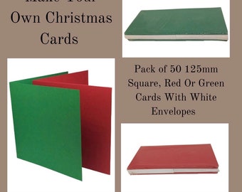 Pack of 50 125mm Square Red Or Green Card Blanks With Envelopes