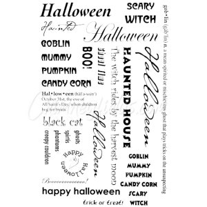 Pode incluir: Impressão de texto em preto e branco com as palavras "Halloween", "Haunted House", "Goblin", "Mummy", "Pumpkin", "Candy Corn", "Scary", "Witch", "Boo!" e "Happy Halloween". O texto está disposto em um padrão aleatório e inclui uma definição da palavra "goblin".