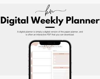 May include: A digital weekly planner app on a smartphone screen. The app has a light brown background with a white weekly planner layout. The text "weekly planner" is at the top of the screen.