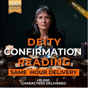 Op de afbeelding: Afbeelding die een "Deity Confirmation Reading" service promoot. De tekst bevat "Same Hour Delivery" en "+10.000 Characters Delivered." Een vrouw met grijs haar staat centraal, met een kristallen bol en tarotkaarten op een houten tafel.