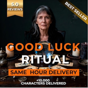 May include: An image featuring a woman with gray hair, a crystal ball, tarot cards, and candles. Text on the image reads "GOOD LUCK RITUAL" and "SAME HOUR DELIVERY". A banner reads "BEST SELLER".