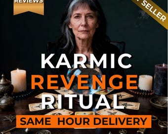 May include: An image featuring a woman with gray hair, a crystal ball, tarot cards, and lit candles. Text on the image reads "Karmic Revenge Ritual" and "Same Hour Delivery". The image also includes the text "+10.000 Characters Delivered".