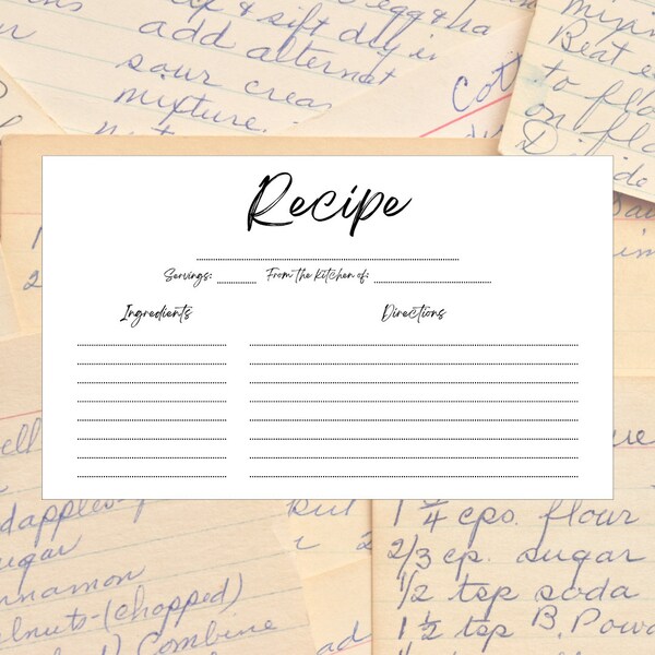 Printable Recipe Card, 3x5, PDF Digital Download, Instant PDF, Simple Recipe Template, Farmhouse Kitchen, Blank, Handwritten, Canva Design