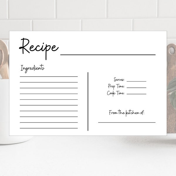 Recipe Card Template, 4x6 Printable Design, PDF Digital Download, Simple Farmhouse Kitchen, Blank, Handwritten, Double Sided, Canva Design