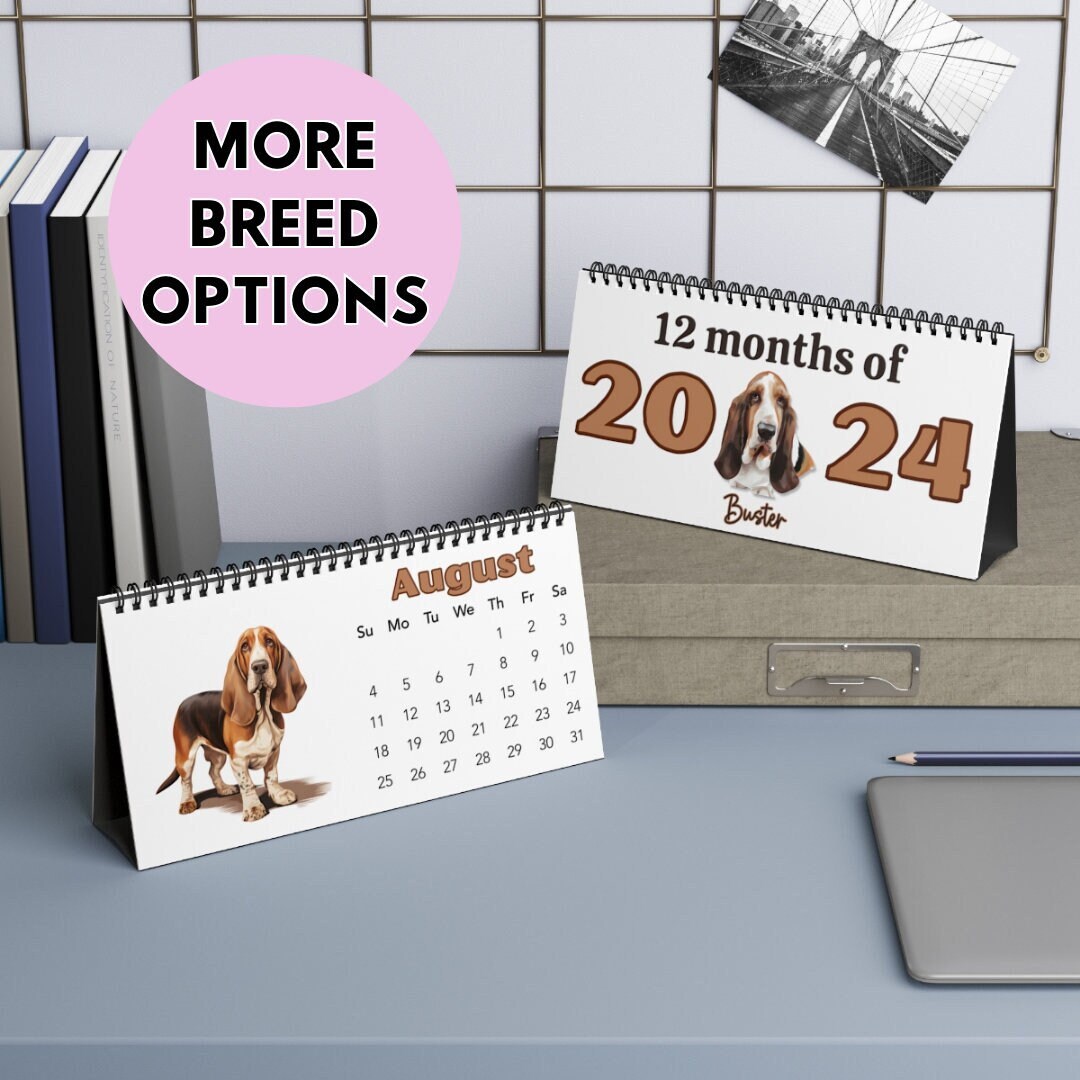 Basset Hound Calendar, 2024 Desk Calendar With Holidays, Personalized