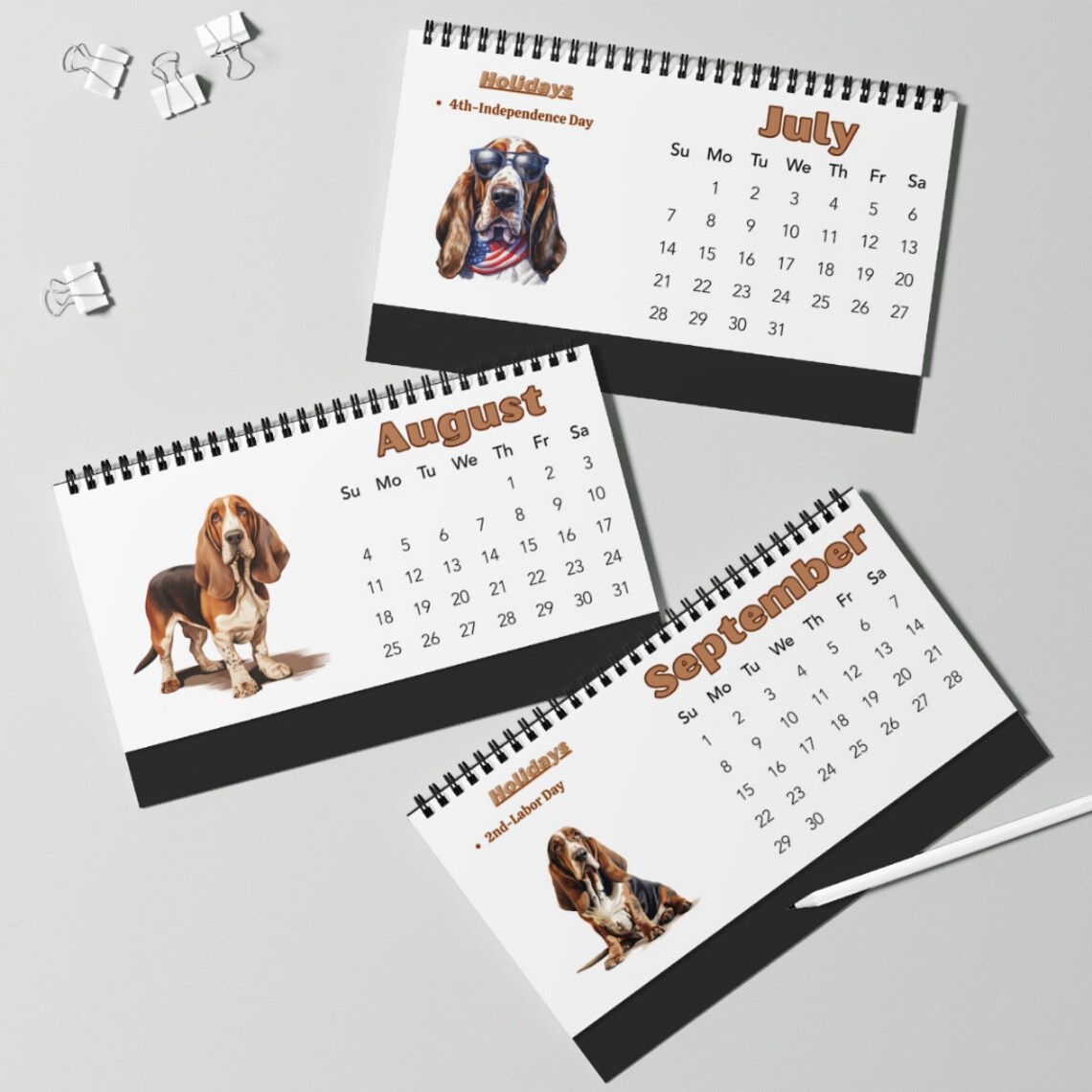 Basset Hound Calendar, 2024 Desk Calendar With Holidays, Personalized