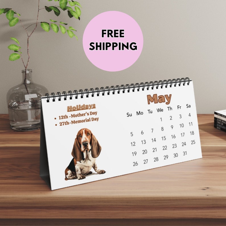 Basset Hound Calendar, 2024 Desk Calendar With Holidays, Personalized
