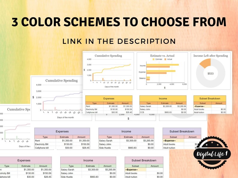 Three Color Spreadsheet Monthly Budget Google Sheets | Annual Paycheck Spreadsheet | Weekly ...