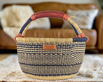 Large Bolga Basket with Red Brown Leather Handle Market Bag, Wicker Storage Basket, Gathering Basket Harvesting Large Round Basket Handmade