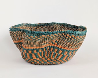 Set of 2 Handwoven Wavy Baskets – Orange and Blue Tired Decorative Storage Bowls from Ghana