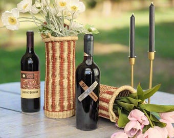 Wine Carrier & Vase Unique 2-in-1 Table Centerpiece, African Handwoven Housewarming Gift, Leather Wrapped Handle