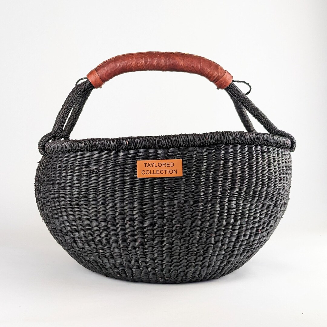Large Bolga Basket With Leather Handle Storage Basket Etsy