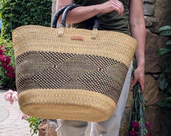 Handwoven Oversized Market Bag, Black Leather Handles, African Elephant Grass
