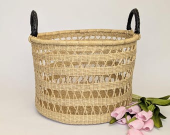 Handwoven Straw Hamper Basket with Black Leather Handles