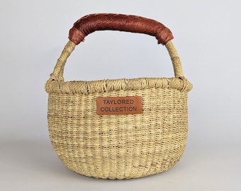 Raw Easter Basket with Red/Brown Leather Handle | African Basket | Handwoven Round Basket | Picnic Basket | Small Gathering Basket | Harvest
