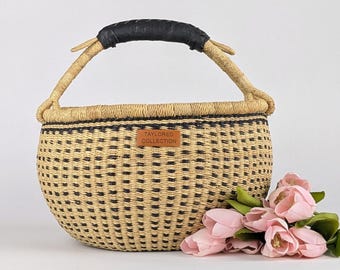Large Bolga Basket Black Dot Design with a Leather Handle - Handwoven in Ghana