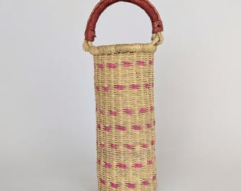 African Handwoven Wine Carrier Vase - Pink Dot, Leather Handle, Housewarming Gift