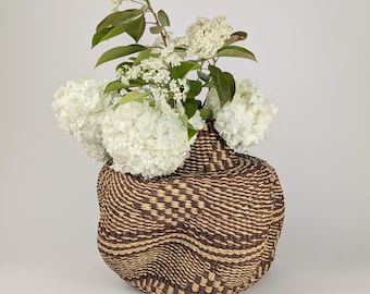 Brown Patterned Medium Artisan Wavy Vase - Handwoven in Ghana