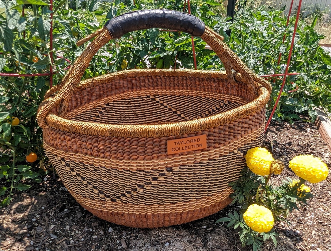 Large Bolga Basket With Leather Handle Storage Basket Grocery Bag Woven