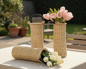 African Handwoven Wine Carrier Vase, Black Leather Handle, Housewarming Gift