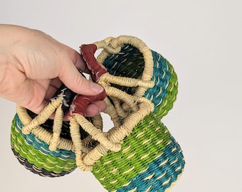 Handmade Mini Woven Basket: Blue & Green Doll Accessory