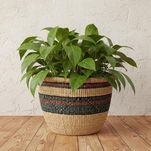 Extra Large Teal & Orange Handwoven Planter Basket with Geometric Pattern: Authentic Multi-Color Woven Handleless Basket for Indoor Use