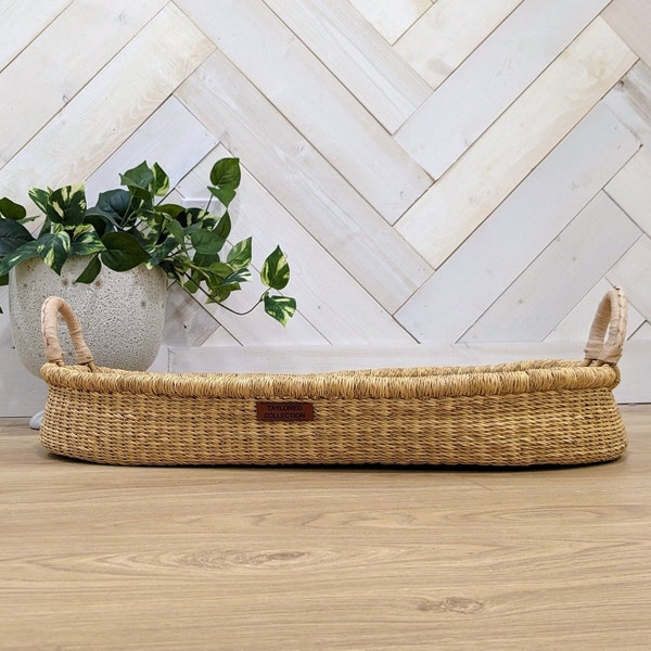 Organic Raw Basket w/ Cream Leather Handles |Rattan Storage Basket |Storage Basket |Large Coffee Table Basket |Pet Bed |Baby Shower Gift