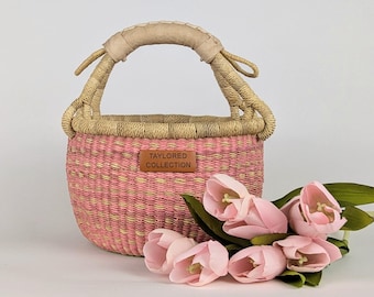 Handmade Pink Bolga Basket with Cream Leather Handle – Small Woven African Basket