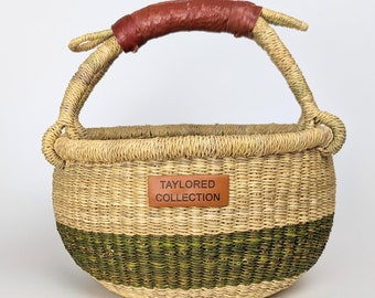 Small Bolga Basket with Genuine Leather Handle | Ghana Bolga Basket | Storage Basket | Gathering Basket | Foraging Basket | Woven Basket