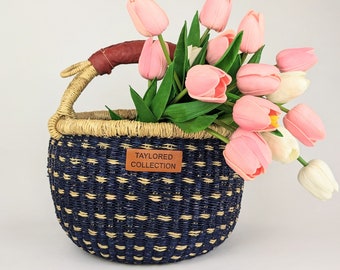 Medium Navy Blue Basket with Leather Handle | African Basket Handwoven Round Easter Basket | Picnic Basket Small Gathering Basket Egg Basket