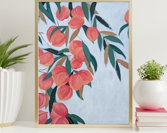 Peaches Art Print, Abstract Fruit Painting, Summer Home Decor