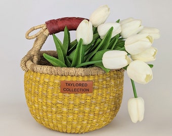 Yellow Easter Basket with Leather Handle | Africa Basket | Handwoven Round Basket | Picnic Basket | Small Gathering Basket | Bolga Basket