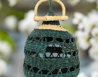 Handwoven Bird House | Teal & Natural Wicker, Garden Decor
