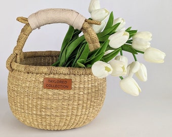 Small Basket with Cream Leather Handle | African Basket | Handwoven Round Kid's Easter Basket | Picnic Basket | Round Wicker Storage Basket