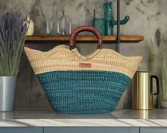 Scalloped Straw Market Bag with Leather Handles - Boho Beach Tote