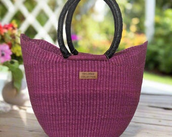Handwoven Pink Market Bag with Leather Handles, Large Beach Tote