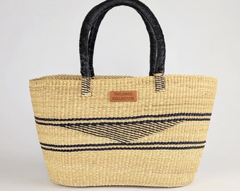 Handwoven Bolga Market Bag | Black Leather Handles, Large Beach Tote
