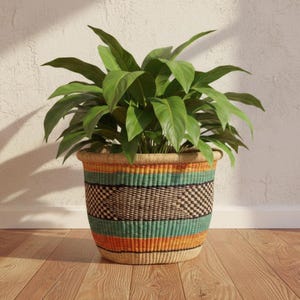 Extra Large Orange & Teal Handwoven Planter Basket with Geometric Pattern: Authentic Multi-Color Woven Handleless Basket for Indoor Use