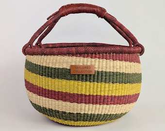 Large Round Yellow Striped Bolga Basket with Cognac Leather Handle - Handwoven in Ghana
