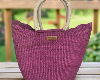 Handwoven Pink Market Bag, Leather Handles, Large Tote