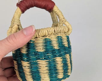 Handmade Mini Striped Basket, Leather Handle - Doll Accessory