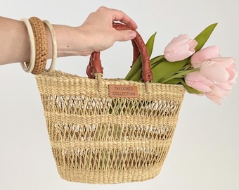 Small Natural Market Bag with Brown Leather Handles - Handwoven in Ghana