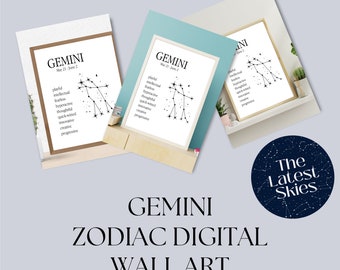 Gemini Zodiac Wall Art Print with Personality Traits, Gemini Zodiac Art, Astrology Wall Art, Astrology Gifts, Astrology Christmas Gift