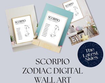 Impressão de arte de parede do zodíaco de Escorpião com traços de personalidade, arte do zodíaco de Escorpião, arte de parede de astrologia, presentes de astrologia, presente de Natal de astrologia