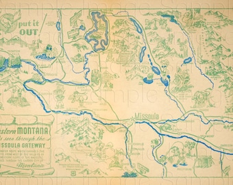 vintage Western Montana illustrated map from 1965 Missoula Hot Springs 8x12 - 16x24