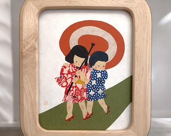 rounded corner blonde maple and walnut wood picture frame hand carved in Los Angeles
