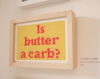 Original fibre art - is butter a carb?  needlepoint 70's embroidery