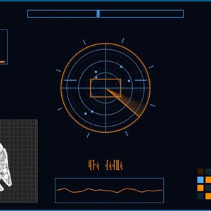 May include: A digital display with a dark blue background, featuring a radar screen with orange and blue concentric circles. The display includes a wireframe image of a spaceship, data graphs, and text in an alien language. The overall theme is science fiction.
