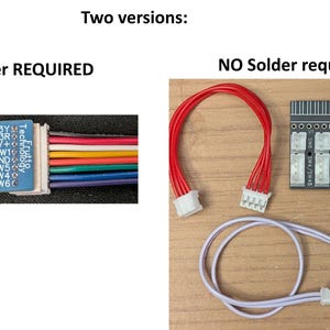 May include: Two electronic component versions: a blue circuit board with a multi-colored ribbon cable labeled Solder REQUIRED, and a black circuit board with green terminal blocks and two white connector cables labeled NO Solder required.