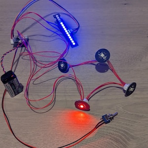 May include: A red LED light, a blue LED strip, and a black switch are connected by red and blue wires. A battery pack is also connected to the circuit.